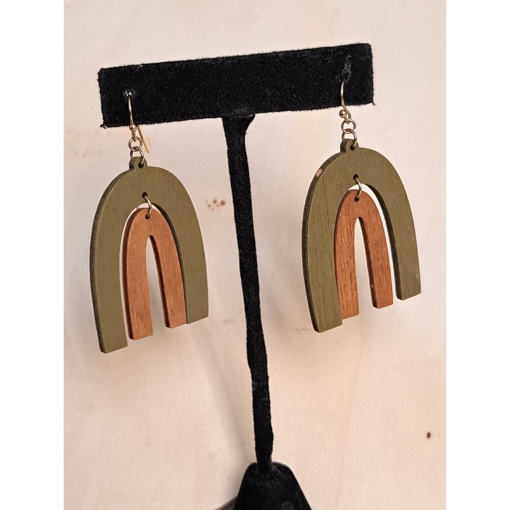 Boho Geometric Wood Double Arch Drop Earrings Olive Green & Natural Wood Tone